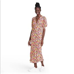 RIXO Floral Puff Sleeve Midi Dress Size 10